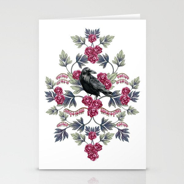 Crows, Bleeding Hearts & Roses Floral/Botanical Pattern Stationery Card Gallery Image 1