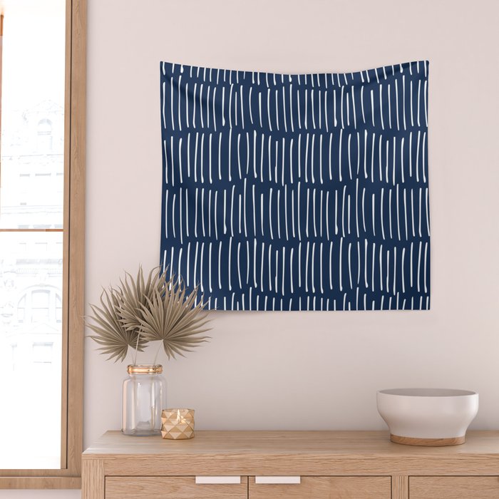 Boho Wall Art, Colour Prints, Navy Blue, Line Art Wall Tapestry Gallery Image 2