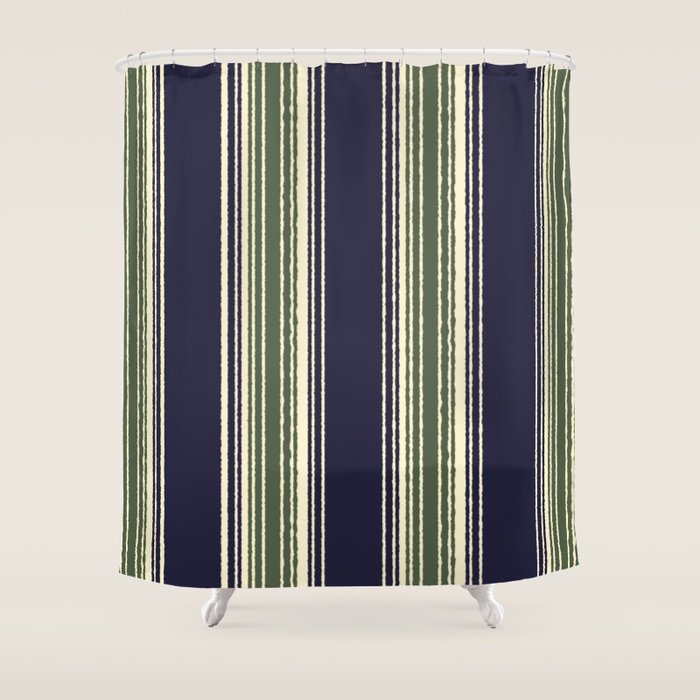 Navy blue and sage green stripes Shower Curtain Gallery Image 1