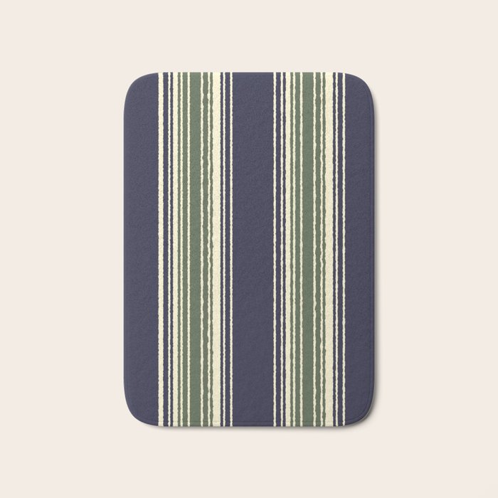 Navy blue and sage green stripes Bath Mat