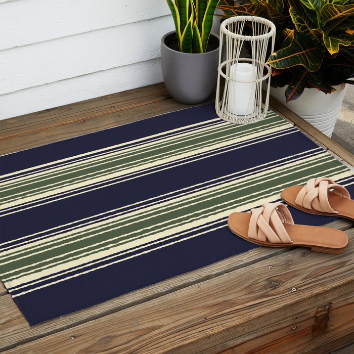 Navy blue and sage green stripes Outdoor Rug Gallery Image 2