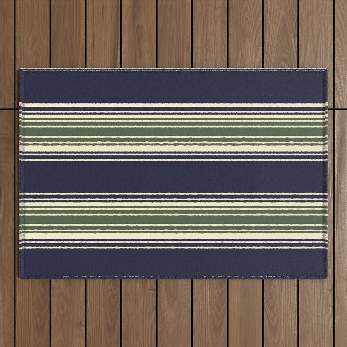 Navy blue and sage green stripes Outdoor Rug Gallery Image 1