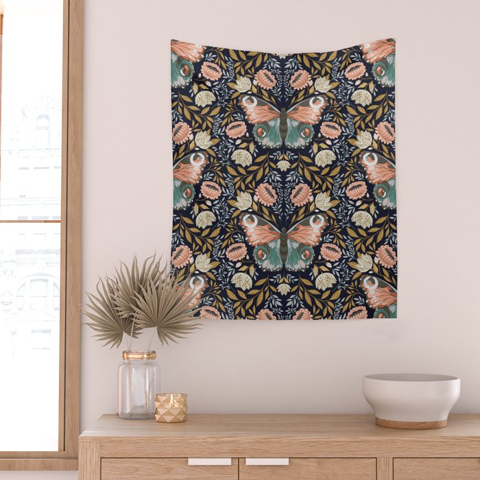 William Morris Inspired Butterfly Pattern - Midnight Garden Wall Tapestry Gallery Image 2