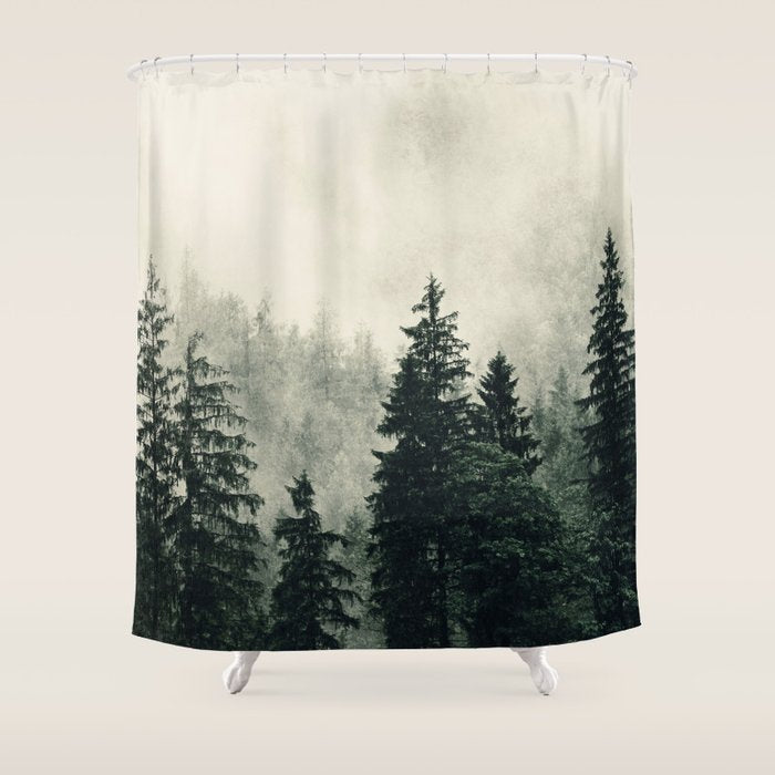 Thick pine forest in the descending mist Shower Curtain Gallery Image 1