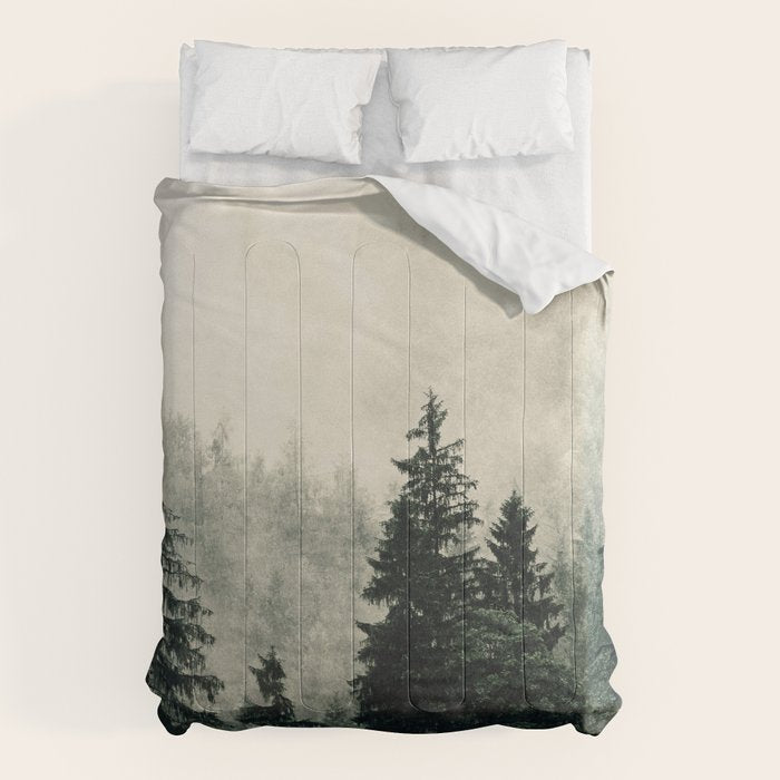 Thick pine forest in the descending mist Comforter Gallery Image 1