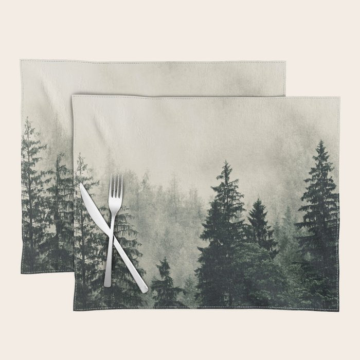 Thick pine forest in the descending mist Placemat Gallery Image 1