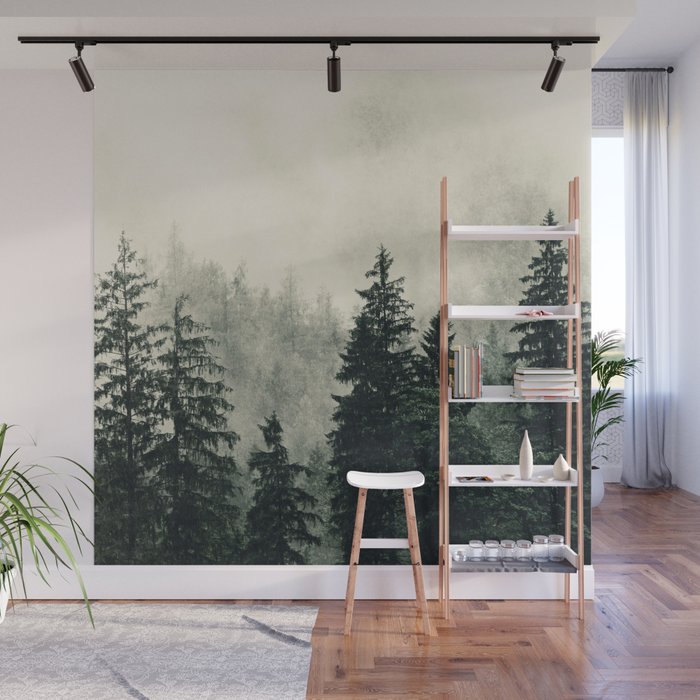 Thick pine forest in the descending mist Wall Mural Gallery Image 1