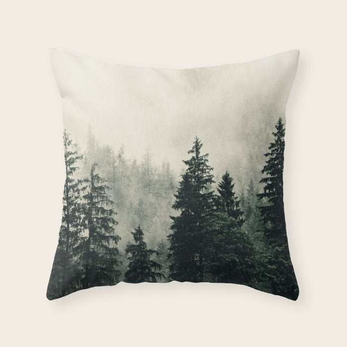 Thick pine forest in the descending mist Throw Pillow Gallery Image 6