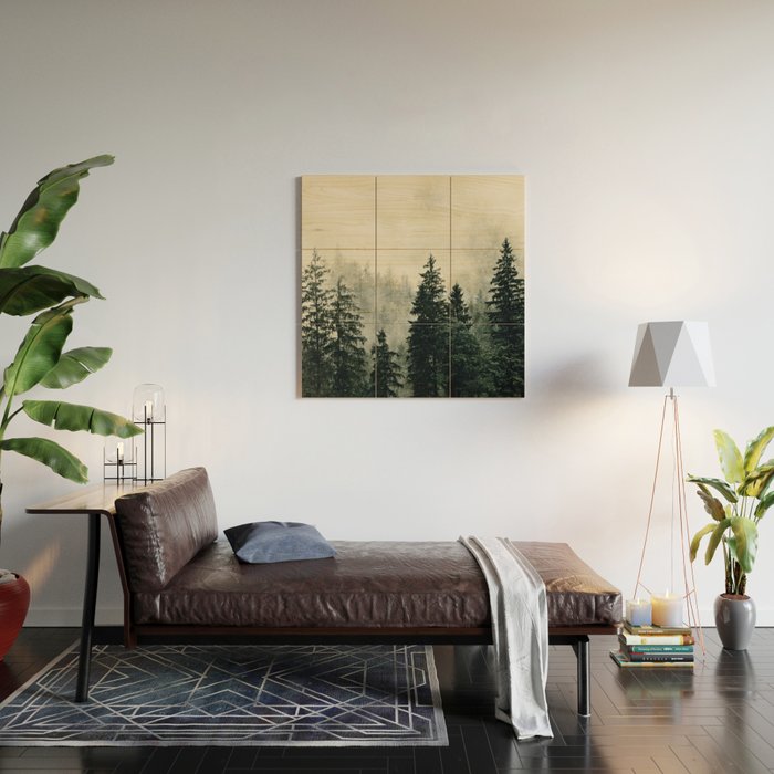 Thick pine forest in the descending mist Wood Wall Art Gallery Image 2
