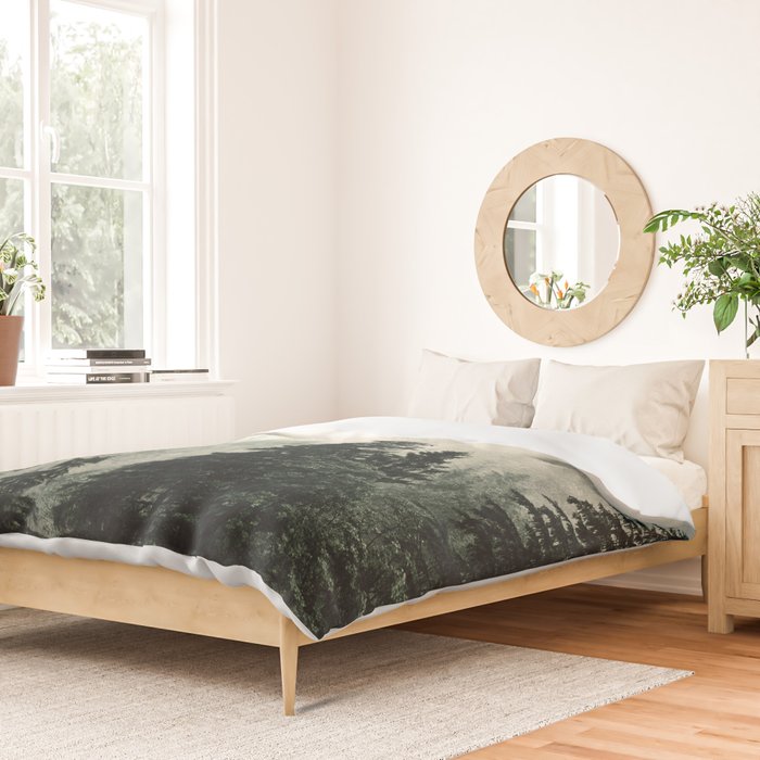 Thick pine forest in the descending mist Duvet Cover Gallery Image 2