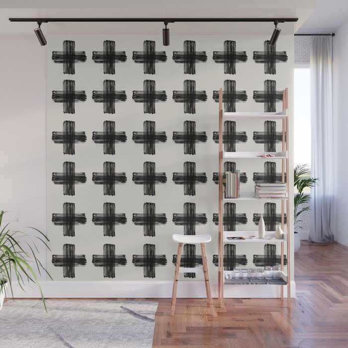 Hand Painted Swiss Cross Pattern - Black on Beige Wall Mural Gallery Image 1