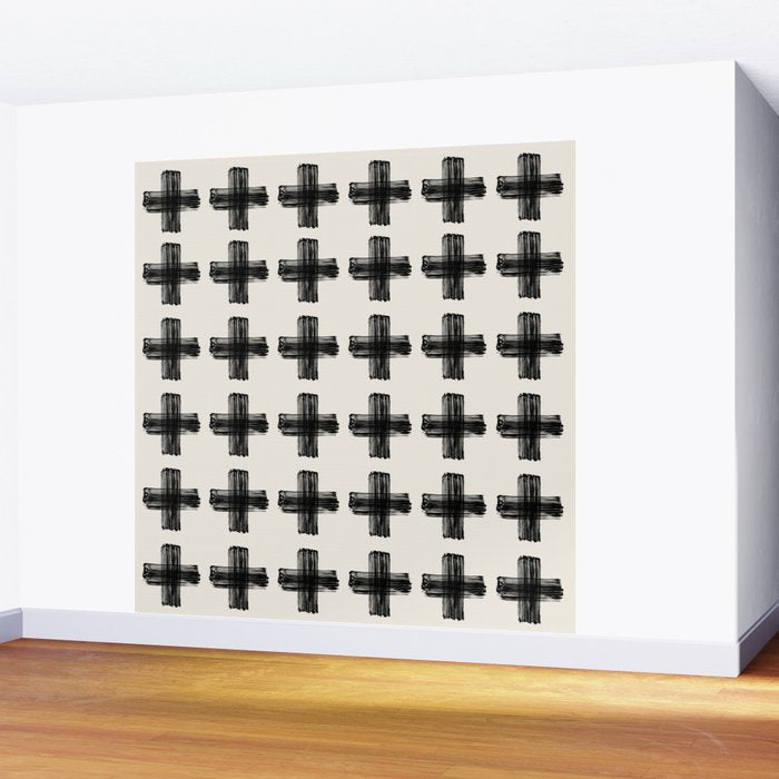Hand Painted Swiss Cross Pattern - Black on Beige Wall Mural Gallery Image 2