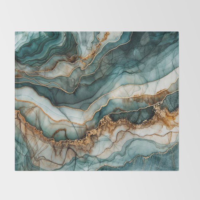 Magnific Marble Elegant And Luxury Teal Gold Gemstone Throw Blanket Gallery Image 2