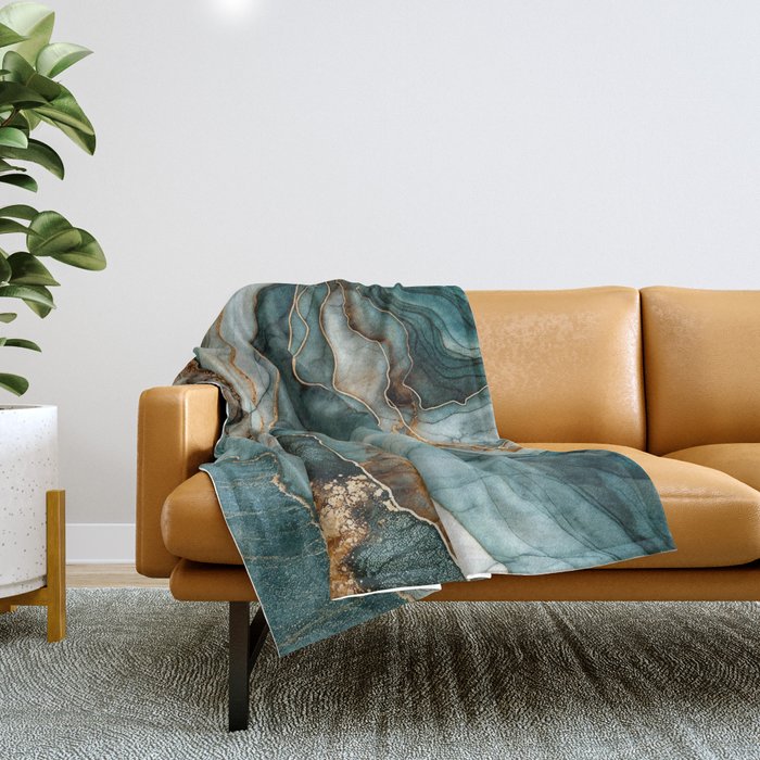 Magnific Marble Elegant And Luxury Teal Gold Gemstone Throw Blanket Gallery Image 1