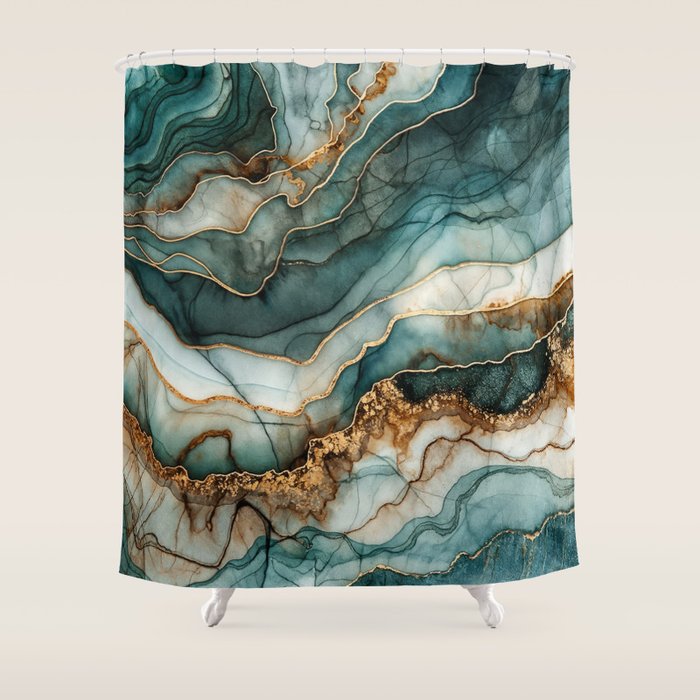 Magnific Marble Elegant And Luxury Teal Gold Gemstone Shower Curtain Gallery Image 1
