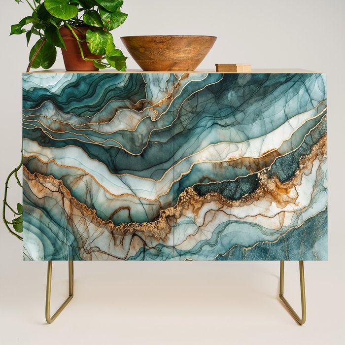 Magnific Marble Elegant And Luxury Teal Gold Gemstone Credenza Gallery Image 1