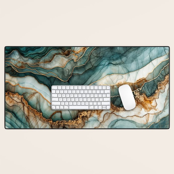 Magnific Marble Elegant And Luxury Teal Gold Gemstone Desk Mat Gallery Image 1