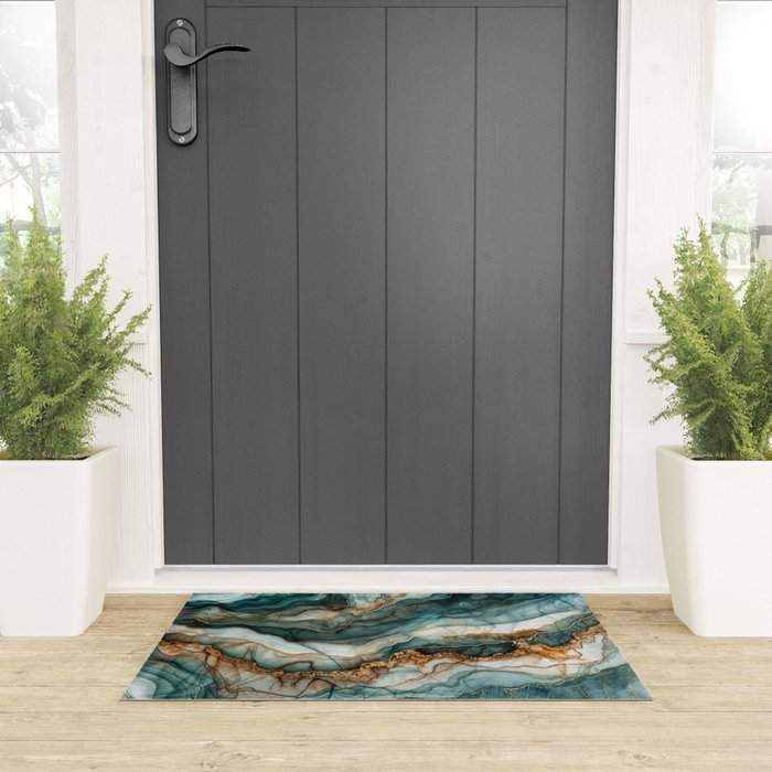 Magnific Marble Elegant And Luxury Teal Gold Gemstone Welcome Mat Gallery Image 3