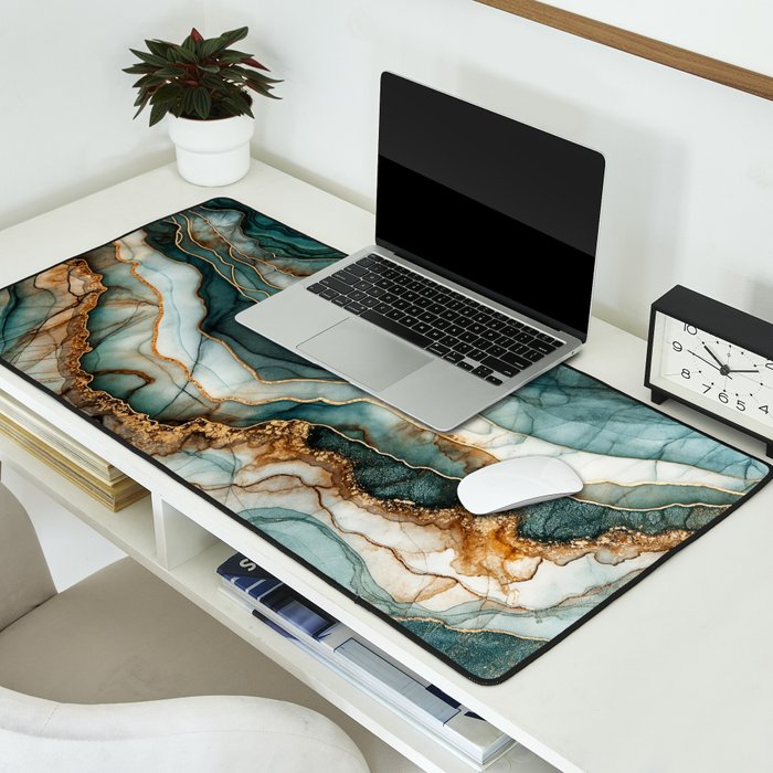 Magnific Marble Elegant And Luxury Teal Gold Gemstone Desk Mat Gallery Image 2