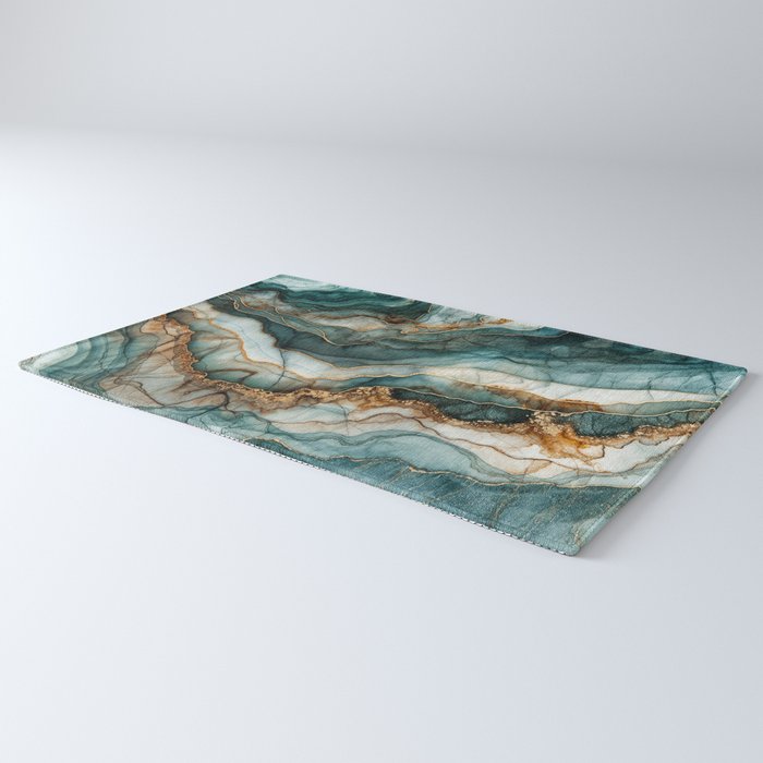Magnific Marble Elegant And Luxury Teal Gold Gemstone Rug Gallery Image 3