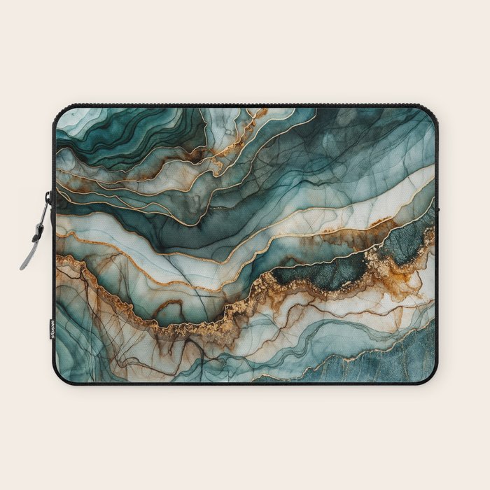 Magnific Marble Elegant And Luxury Teal Gold Gemstone Laptop Sleeve Gallery Image 1