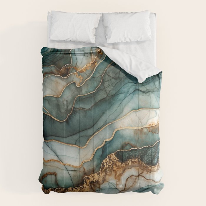 Magnific Marble Elegant And Luxury Teal Gold Gemstone Comforter Gallery Image 1