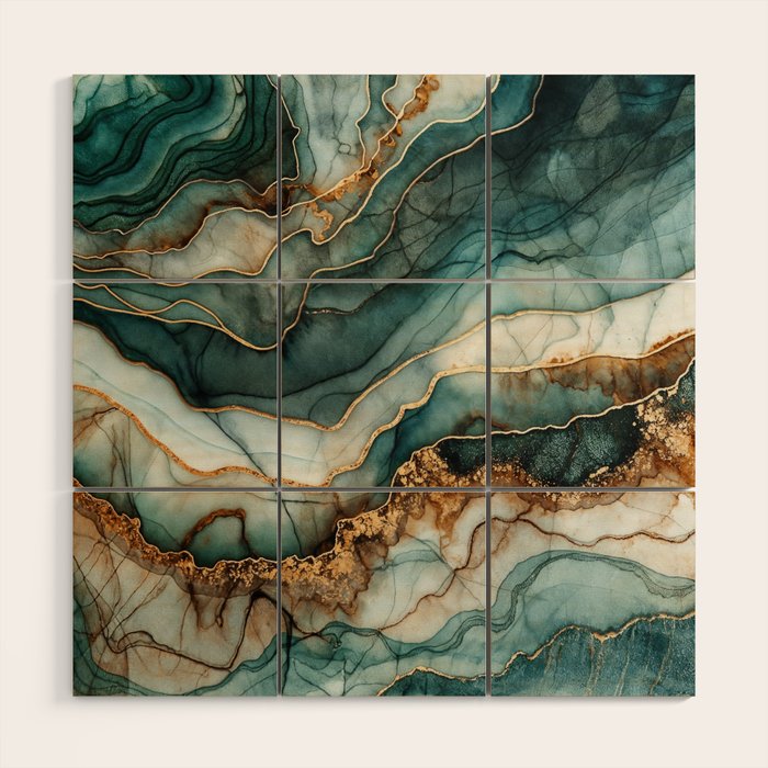 Magnific Marble Elegant And Luxury Teal Gold Gemstone Wood Wall Art Gallery Image 1