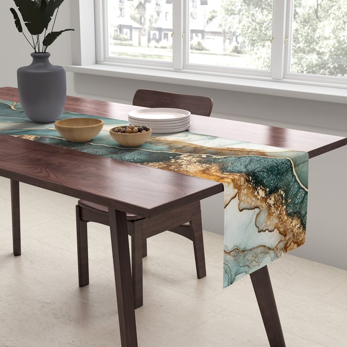 Magnific Marble Elegant And Luxury Teal Gold Gemstone Table Runner Gallery Image 2