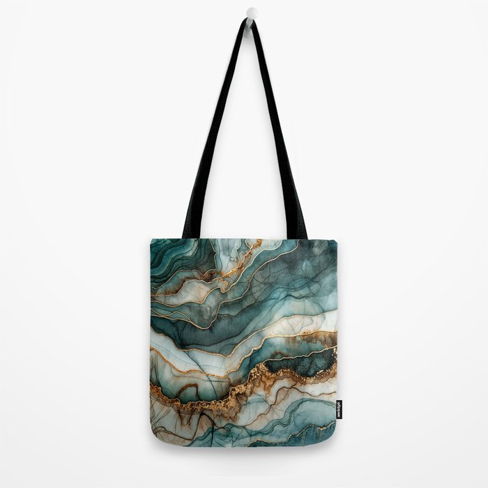 Magnific Marble Elegant And Luxury Teal Gold Gemstone Tote Bag Gallery Image 2