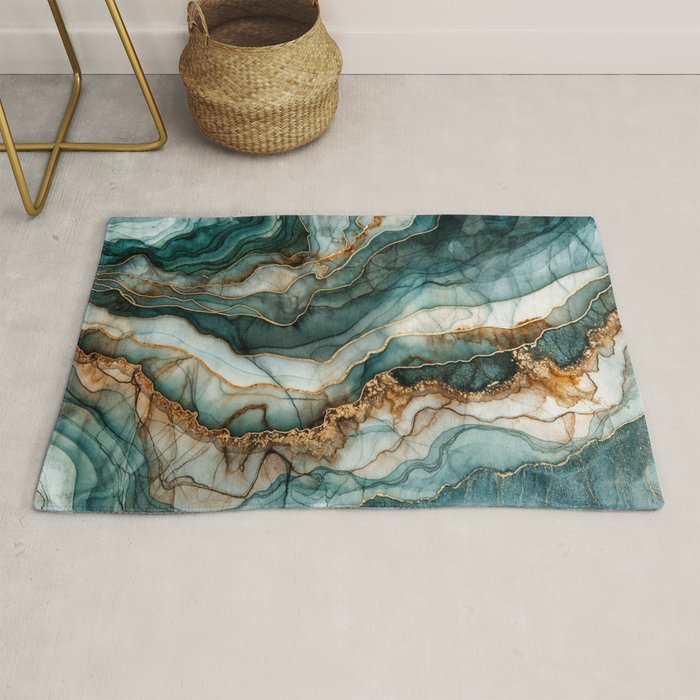 Magnific Marble Elegant And Luxury Teal Gold Gemstone Rug Gallery Image 1