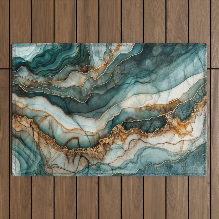 Magnific Marble Elegant And Luxury Teal Gold Gemstone Outdoor Rug Gallery Image 1