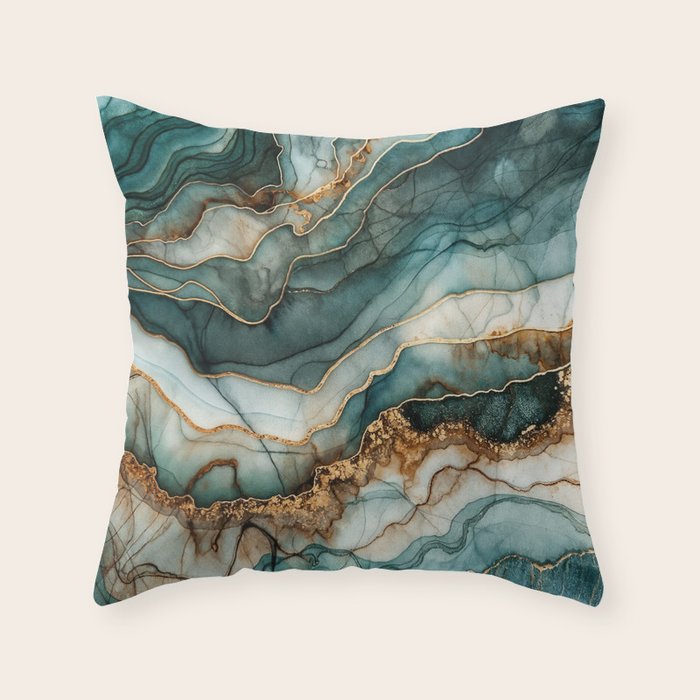 Magnific Marble Elegant And Luxury Teal Gold Gemstone Throw Pillow Gallery Image 1