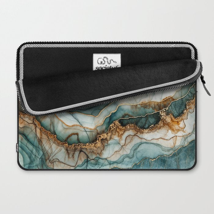 Magnific Marble Elegant And Luxury Teal Gold Gemstone Laptop Sleeve Gallery Image 2