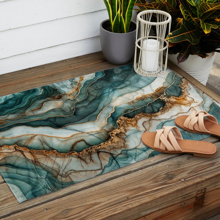 Magnific Marble Elegant And Luxury Teal Gold Gemstone Outdoor Rug Gallery Image 2