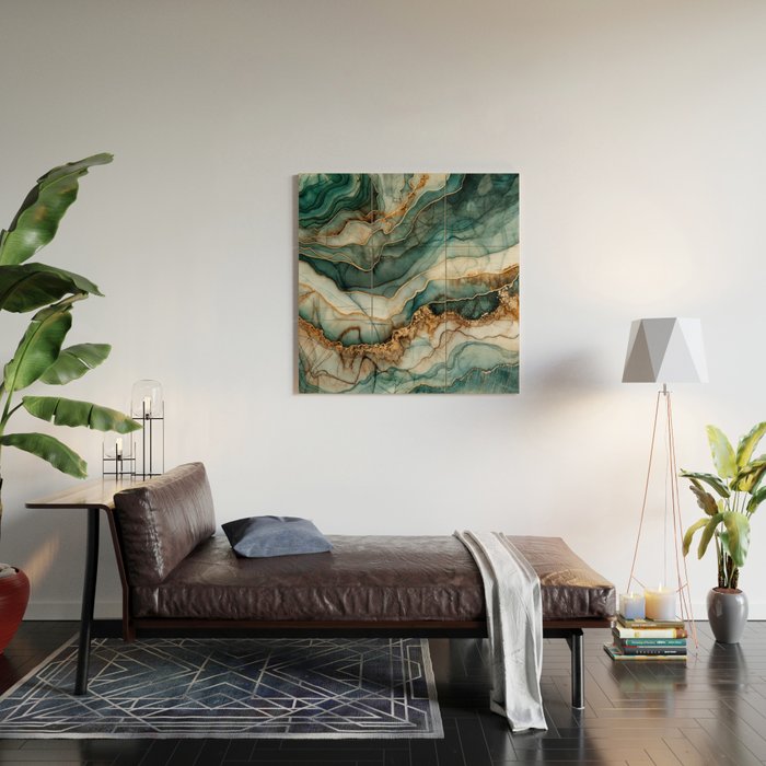 Magnific Marble Elegant And Luxury Teal Gold Gemstone Wood Wall Art Gallery Image 2
