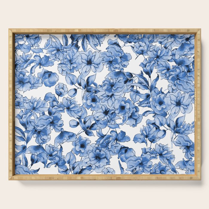 Abstract watercolor navy blue white floral illustration Serving Tray Gallery Image 1