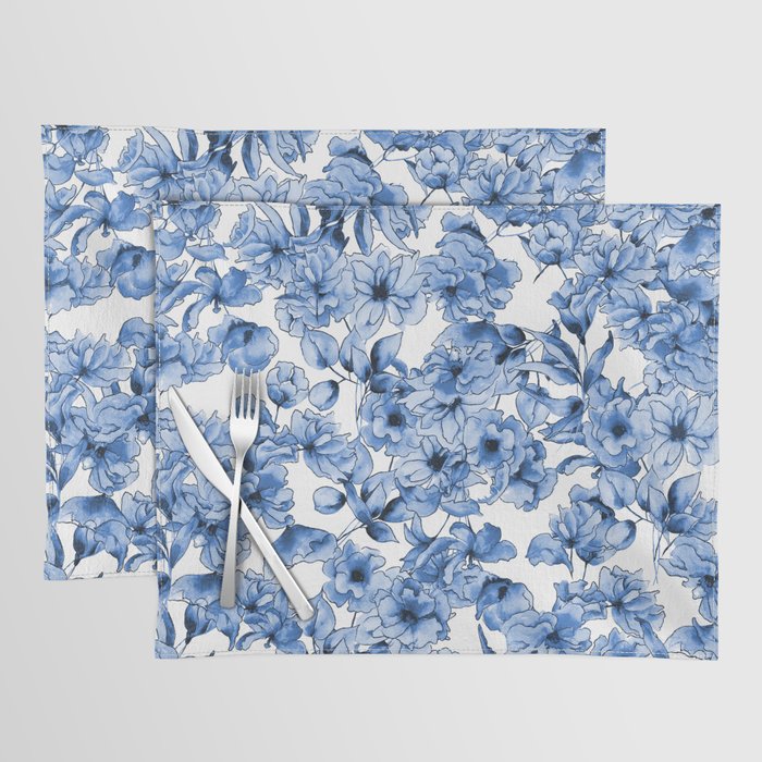 Abstract watercolor navy blue white floral illustration Placemat Gallery Image 1
