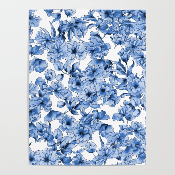 Abstract watercolor navy blue white floral illustration Poster Gallery Image 1