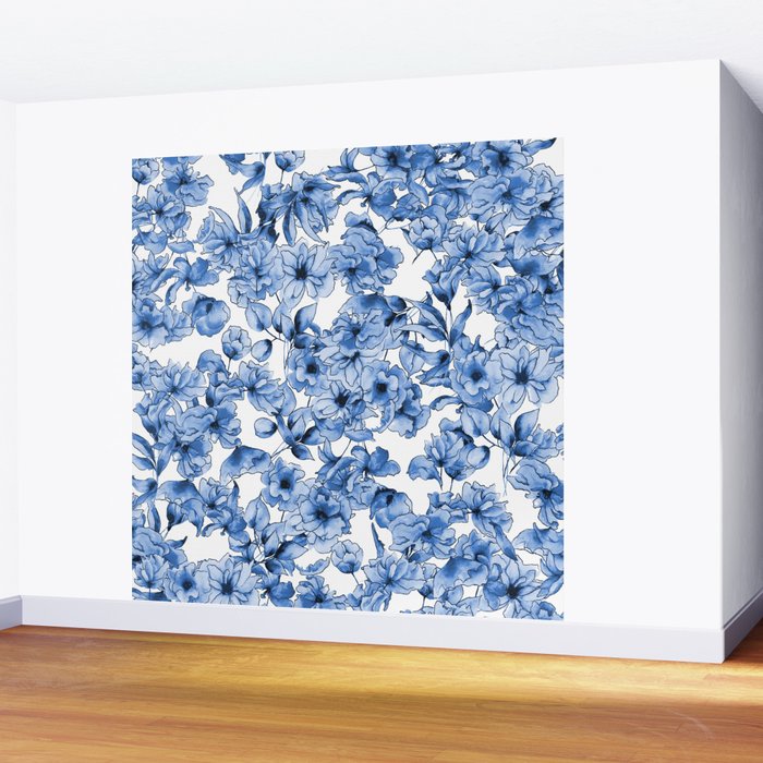 Abstract watercolor navy blue white floral illustration Wall Mural Gallery Image 2