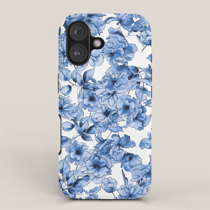 Abstract watercolor navy blue white floral illustration iPhone Case Gallery Image 1