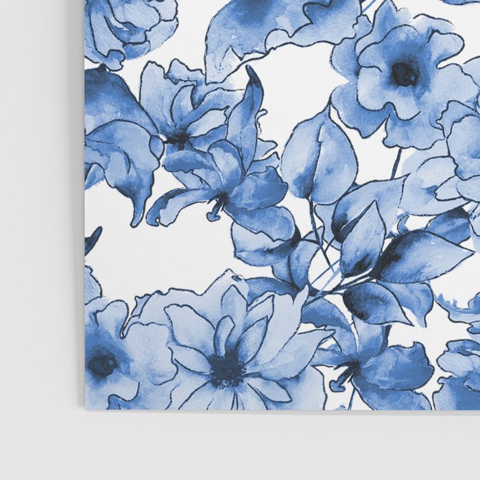 Abstract watercolor navy blue white floral illustration Poster Gallery Image 3