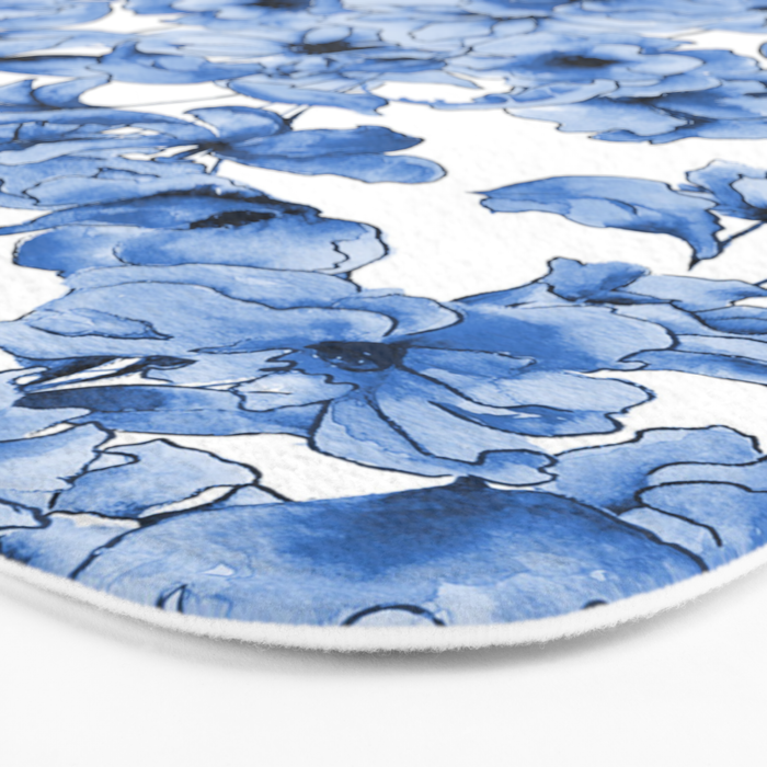 Abstract watercolor navy blue white floral illustration Bath Mat Gallery Image 3