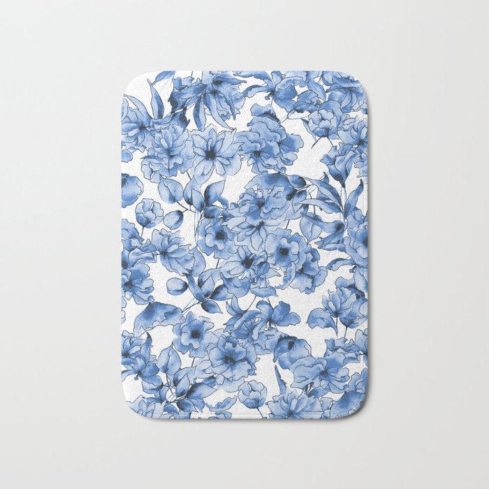 Abstract watercolor navy blue white floral illustration Bath Mat Gallery Image 1