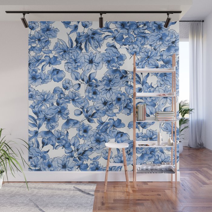 Abstract watercolor navy blue white floral illustration Wall Mural Gallery Image 1