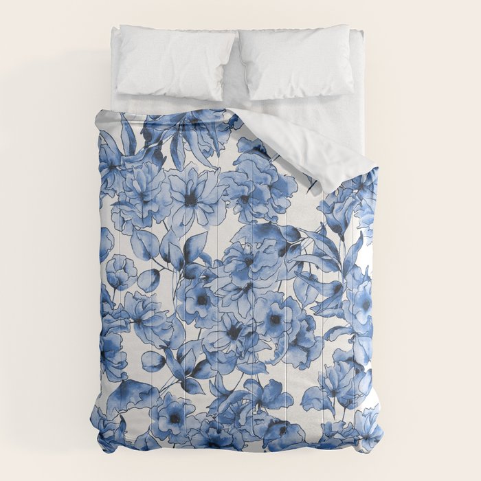 Abstract watercolor navy blue white floral illustration Comforter Gallery Image 6