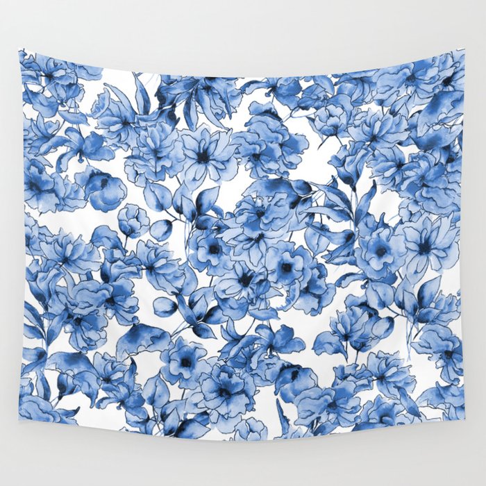 Abstract watercolor navy blue white floral illustration Wall Tapestry Gallery Image 1