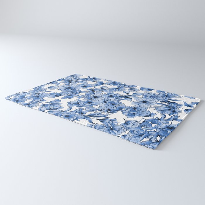 Abstract watercolor navy blue white floral illustration Rug Gallery Image 3