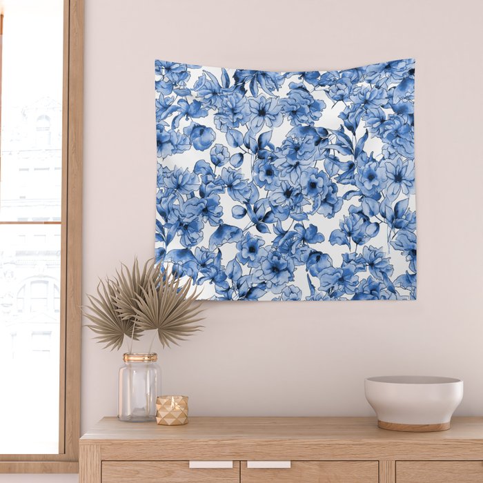 Abstract watercolor navy blue white floral illustration Wall Tapestry Gallery Image 2