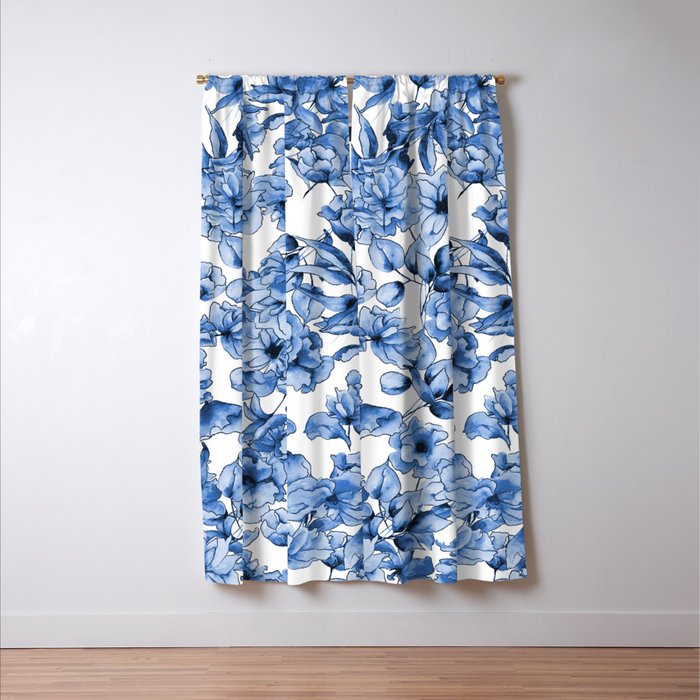 Abstract watercolor navy blue white floral illustration Window Curtain Gallery Image 3