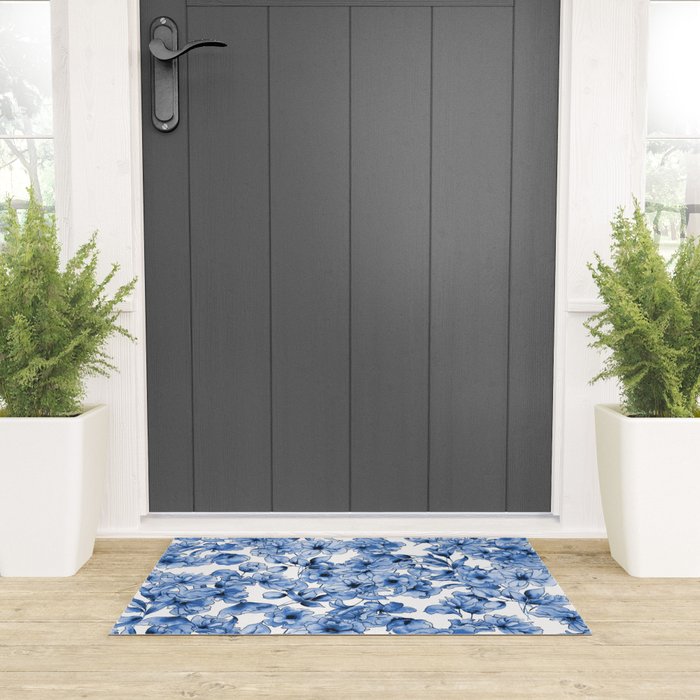 Abstract watercolor navy blue white floral illustration Welcome Mat Gallery Image 3